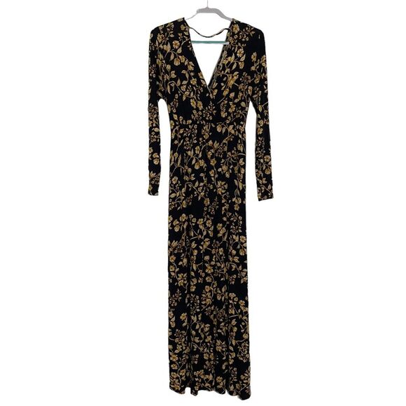 JESSICA SIMPSON MATERNITY Size Large NAVY BLUE & GOLD FLORAL V-NECK MAXI DRESS - Picture 3 of 12